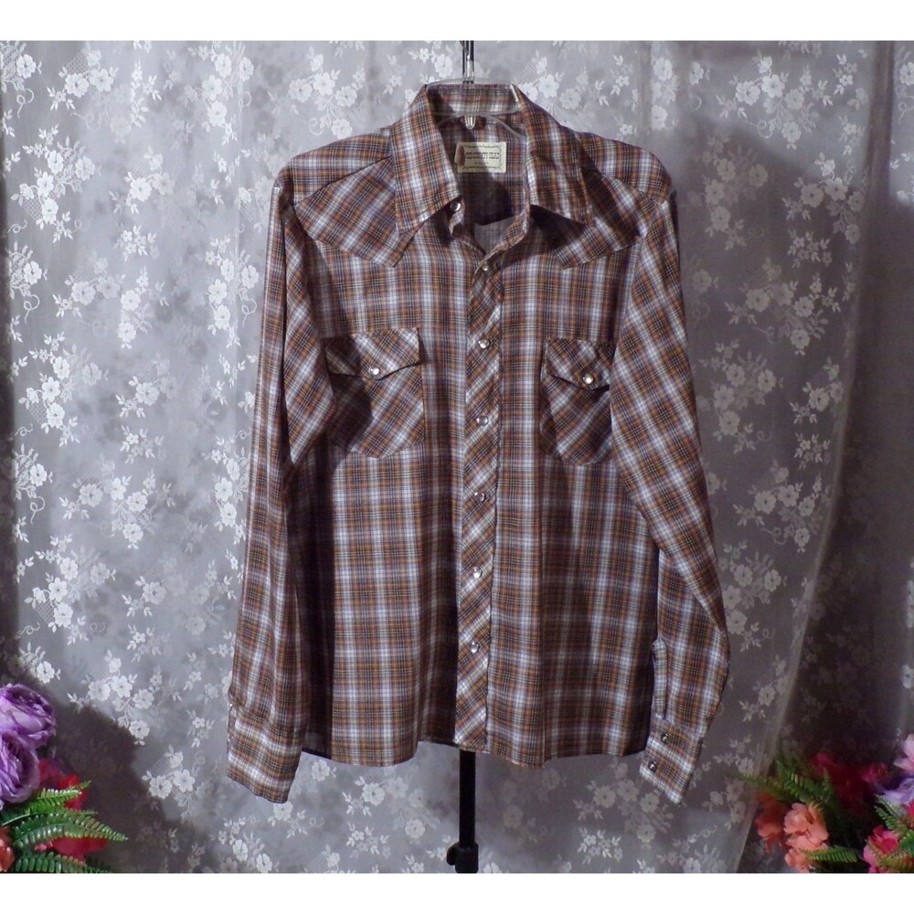 Vintage 70s Cowboy Shirt Size Large 1970s Retro Western Rodeo Plaid Hipster